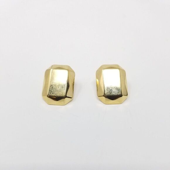 Vintage Rectangular Gold Tone Post Earrings, Faceted Design Minimal Estate Studs - Picture 1 of 5